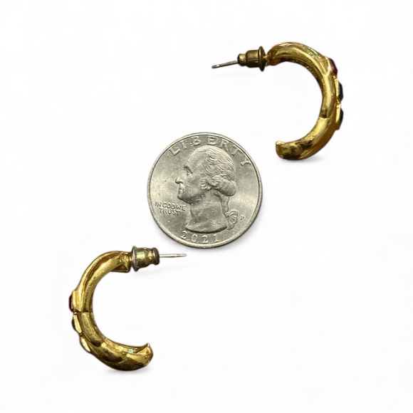 Vintage 80s Gold Tone Jewel-Tone Half Hoop Post Earrings - Picture 4 of 5